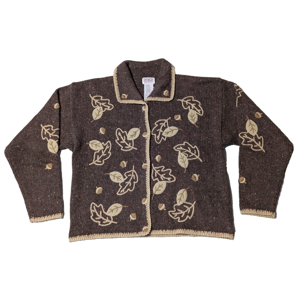 VTG PBJ SPORT Women Medium Brown Wool Blend LEAF Embroidered Button Cardigan EUC